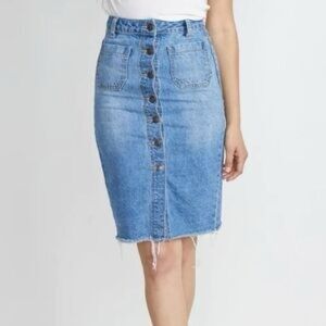 Marine Layer Button-Front Denim Midi Skirt, Size 6 raw hem